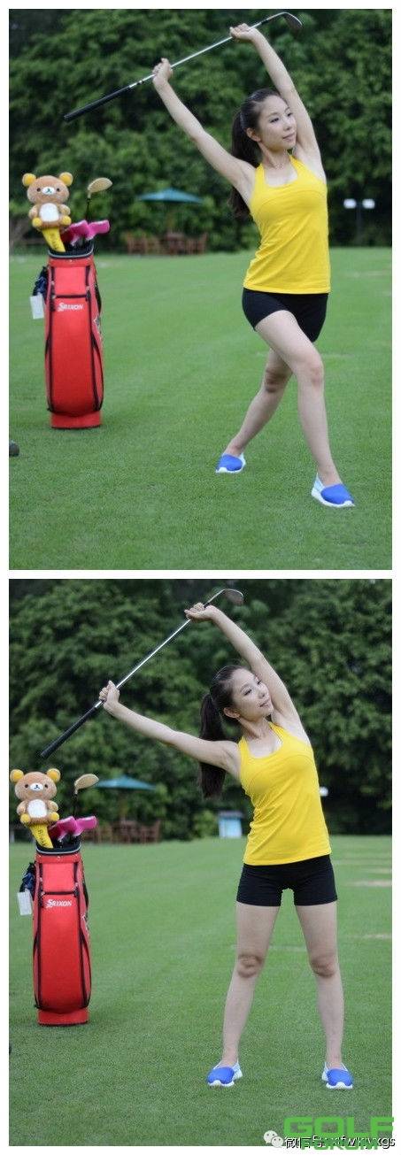 美女教练亲身示范高尔夫热身运动